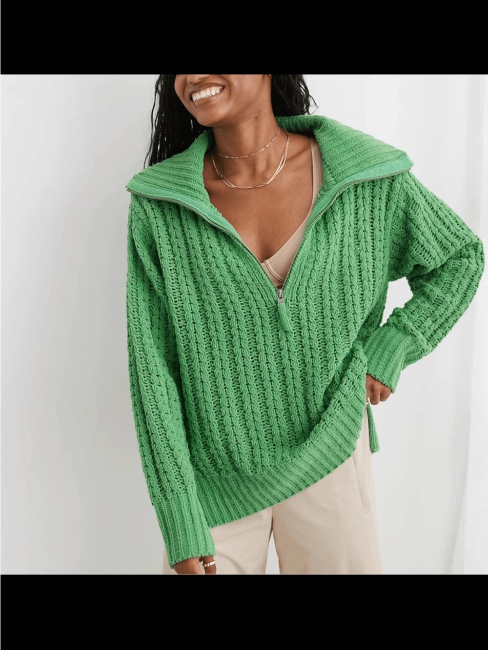 Aerie Cable Knit Quarter Zip Sweater Green Baggy Oversized Women’s M Turtle Neck